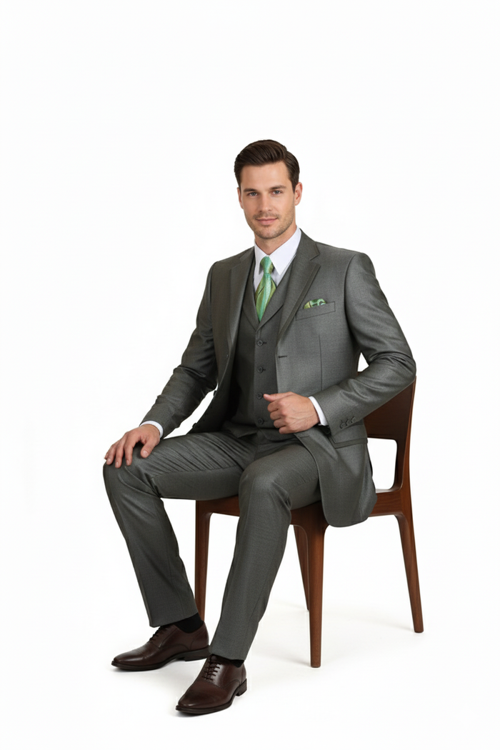 Mens Olive Green 3-Piece Suit Classic Fit with Vest and Tie Pleated Pants Three Buttons