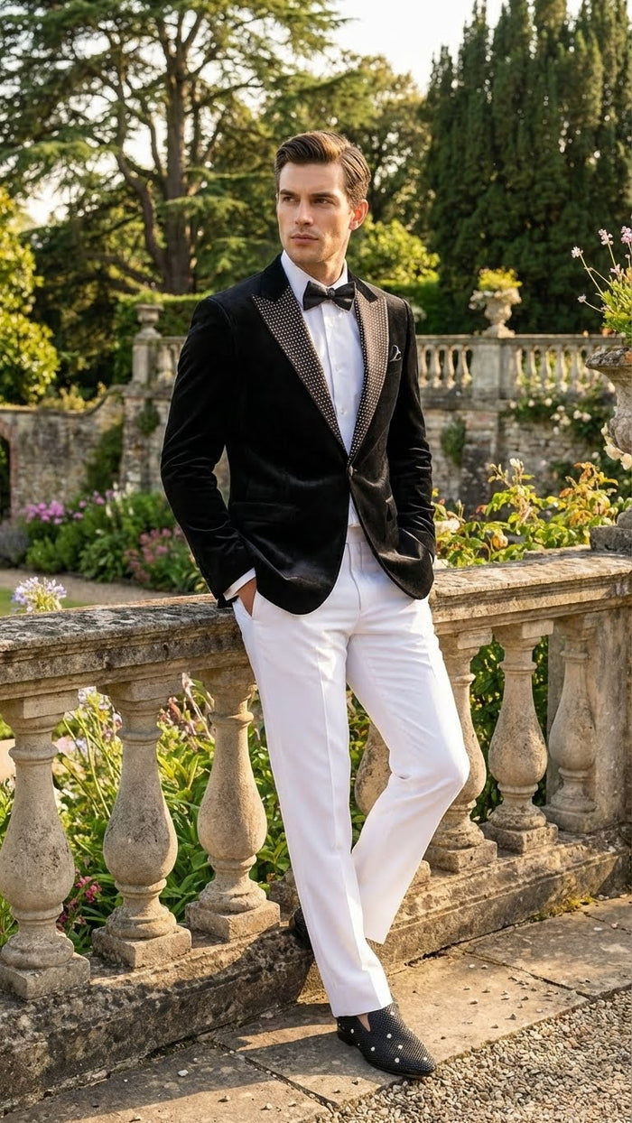 Mens Black Velvet Tuxedo Blazer with Studded Lapel  Formal Evening Jacket