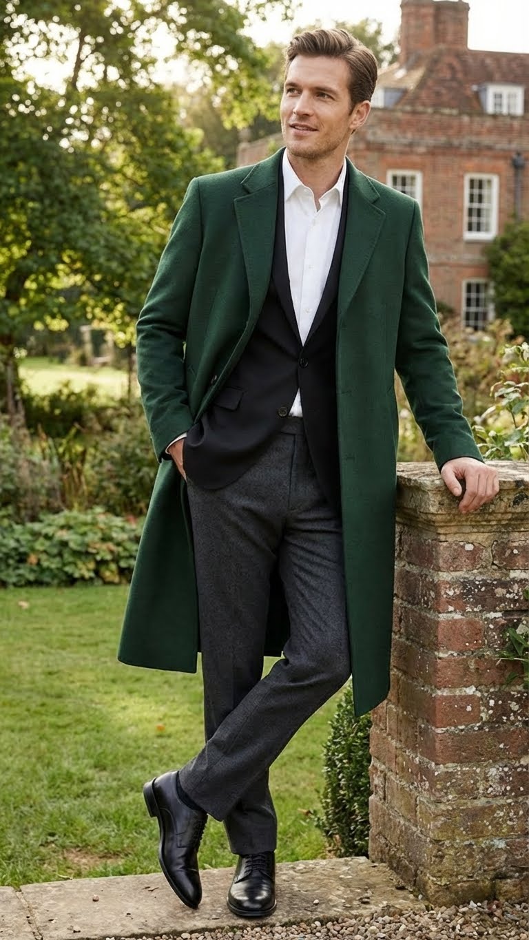 Men’s Hunter Green Full-Length Wool Overcoat – Classic Winter Dress Coat for Formal and Casual Wear Topcoat Mens Wintercoat - Coat Size 38