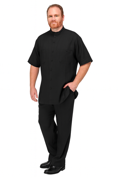 Mens Black Banded Collar Walking Suit Short Sleeve Shirt and Matching Pants Banded Collar Linen Fabric