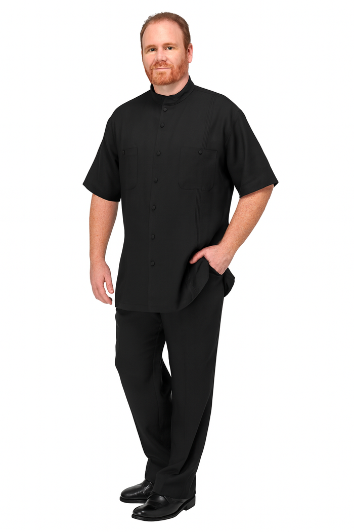 Mens Black Banded Collar Walking Suit Short Sleeve Shirt and Matching Pants Banded Collar Linen Fabric
