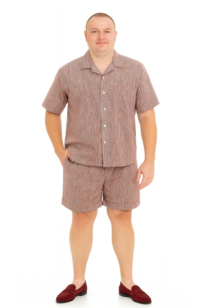 Mens Burgundy Reddish Seersucker Short Set Walking Suit Two-Piece Cuffed Shorts with Expandable Waist