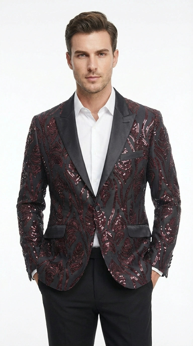 Men’s Black and Burgundy Sequin Blazer – Black Sparkle Sequin Party Blazer with Burgundy Pattern for Prom, Wedding Slim Fitted - 36 Short