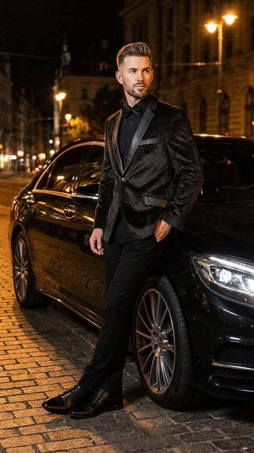 Mens Crocodile Alligator Exotic skin Texture Blazer Slim Fit Designer Jacket with Satin Lapels for Formal and Party Wear in Black Color