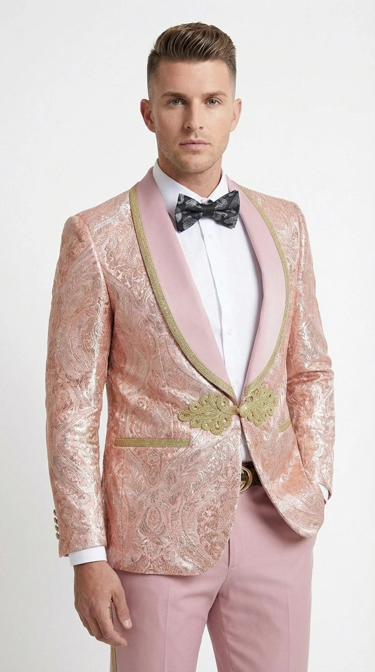 Men’s Rose Gold Pink Prom Tuxedo Suit – Slim Fit Paisley Pattern Formal Tuxedo Suit for Prom, Wedding and Special Events - 34 Short or Extra Small