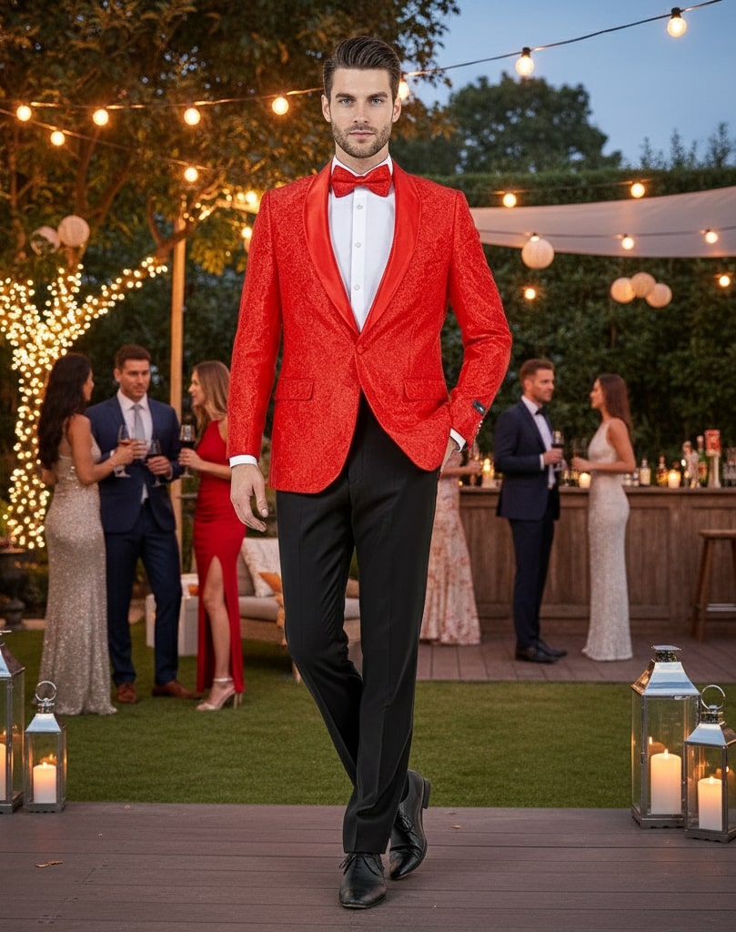 Big and Tall Mens Red Paisley Tuxedo Jacket – Satin Shawl Lapel Blazer with Bow Tie - Christmas Jacket - 36 Short