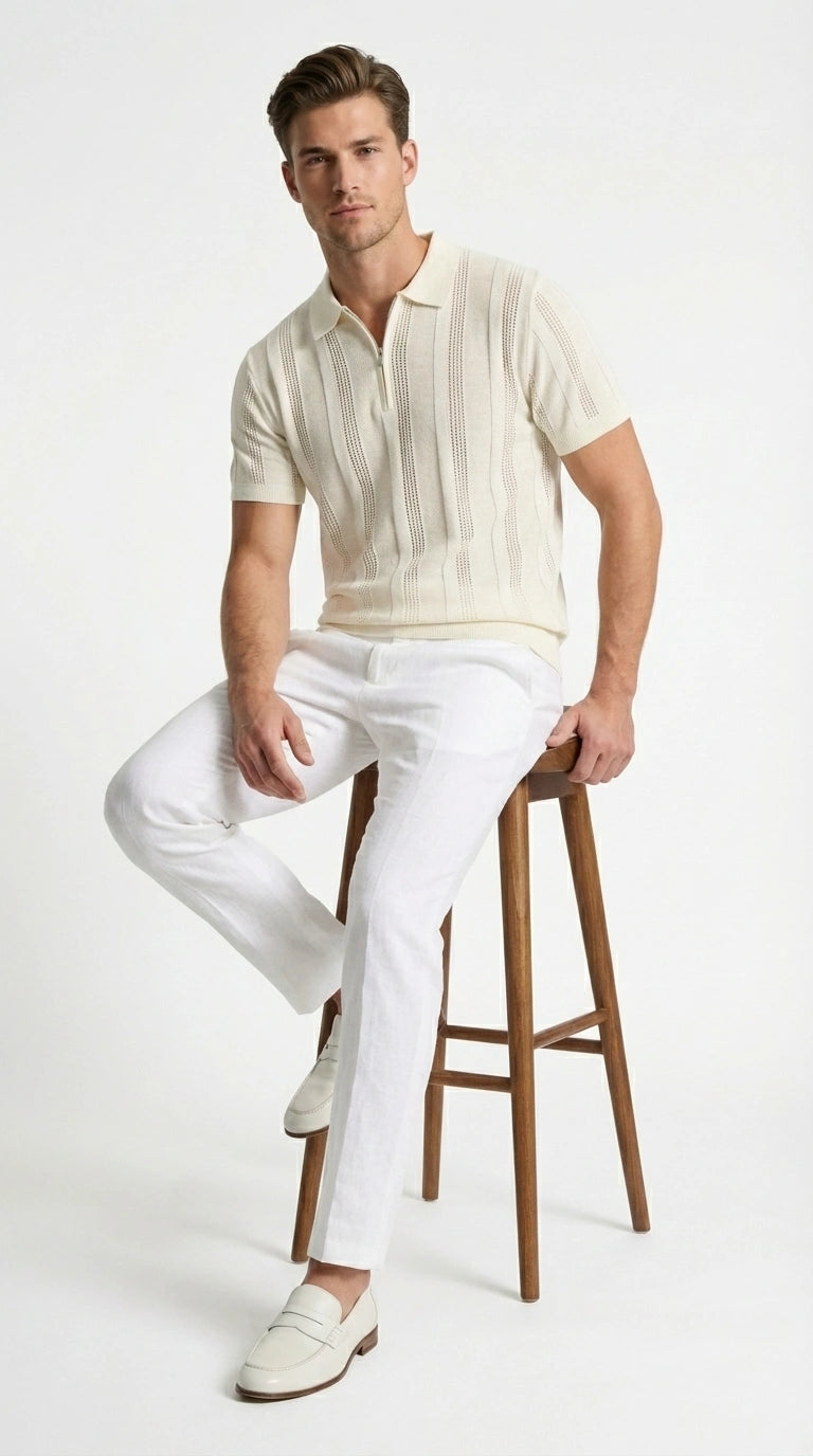 Mens Cream Ivory Off White Knit Walking Suit Set – Lightweight Short Sleeve Shirt and Pants Outfit for Summer, Vacation and Casual Wear - S
