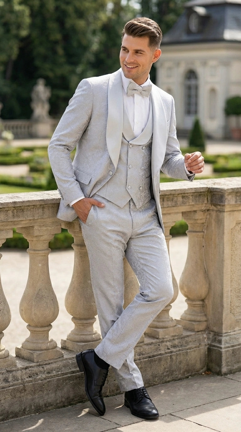 Mens Light Silver Wedding Tuxedo Suit – Paisley Fabric Three Piece Formal Suit Set with Shawl Lapel for Groom, Prom, Gala and ice Grey - 34 Short or Extra Small