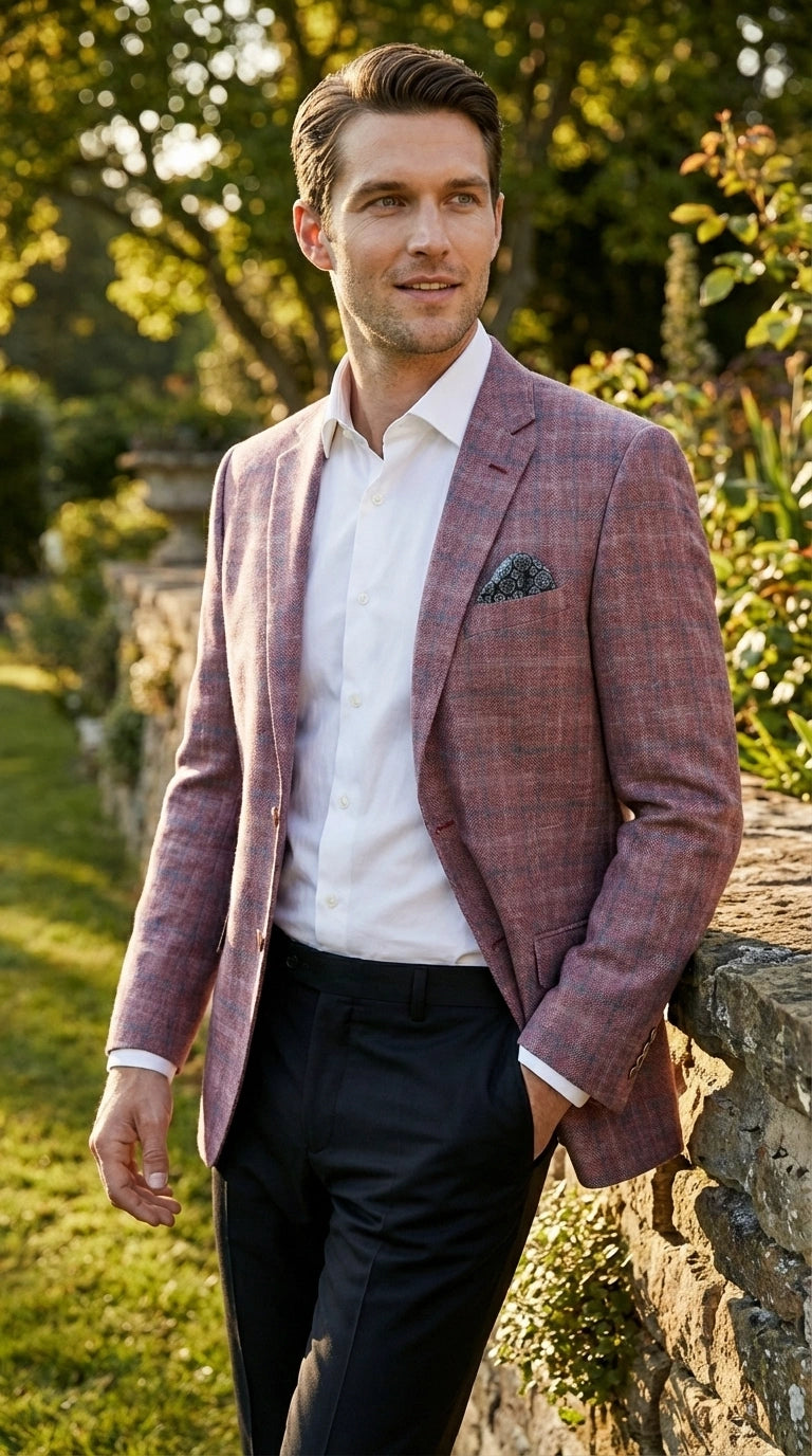 Mens Dusty Rose Mauve Pink with Tint of Blue Plaid Sport Coat Blazer – Classic Check Pattern Casual Blazer Jacket for Business Casual, Wedding - 36 Short
