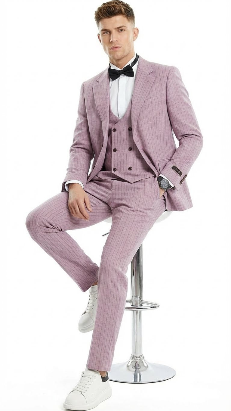 Men’s Dusty Rose Pink Pinstripe Three Piece Suit with Vest | Wedding and Party Formal Wear Prom or Church Suit - 34 Short or Extra Small