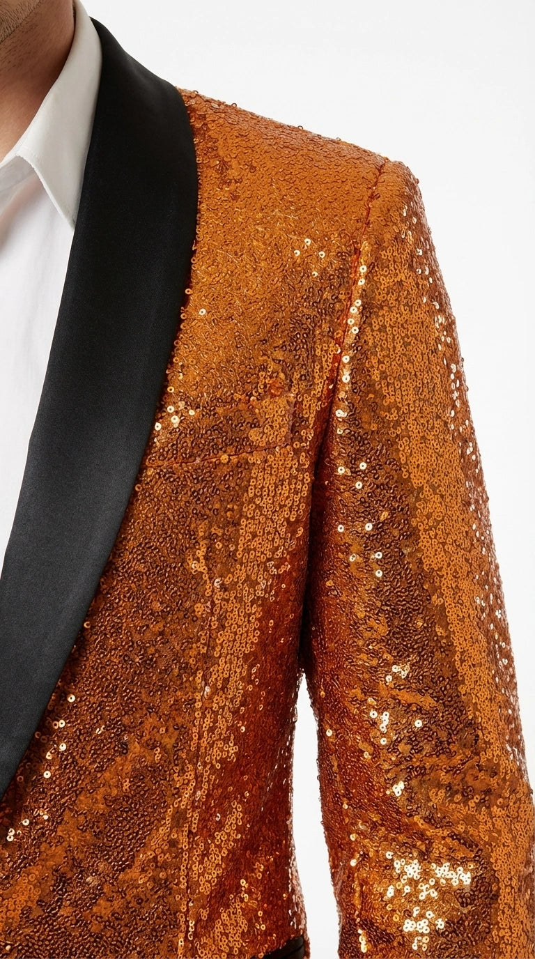 Mens Orange Sequin Tuxedo Suit – Shiny Wedding Suit Set with Black Lapel for Prom, Party, Gala and Formal Evening Wear - Goldish Orange - 34 Short or Extra Small