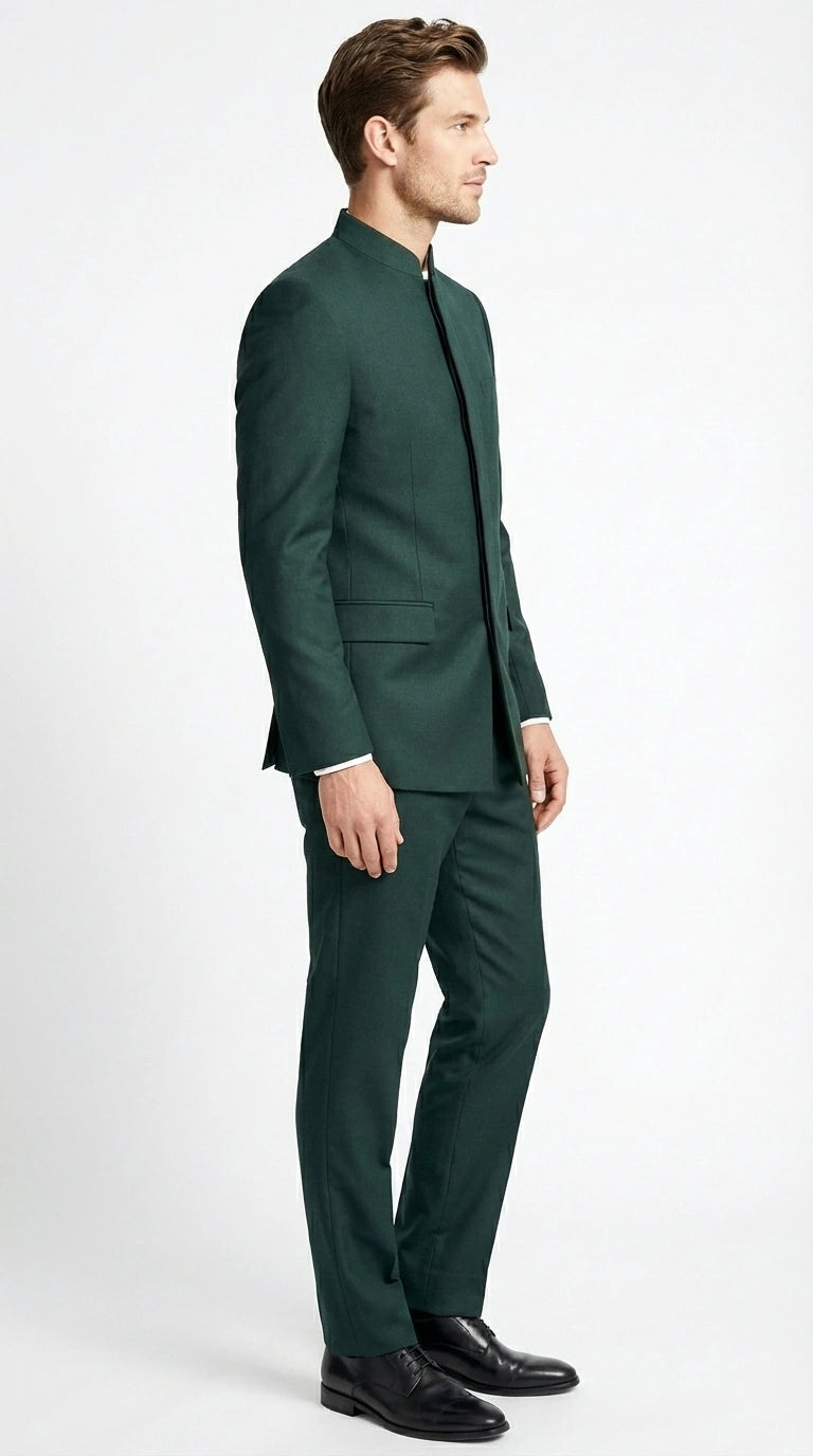 Men’s Olive Green Tuxedo Mandarin Collar Suit – Modern Nehru Style Formal Suit for Wedding Banded Collar - 34 Short or Extra Small