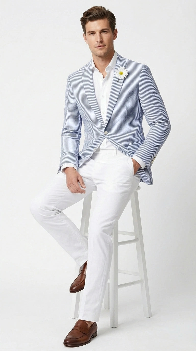 Mens Blue Seersucker Blazer – Lightweight Striped Summer Sport Coat Casual Smart Formal Jacket - 36 Short