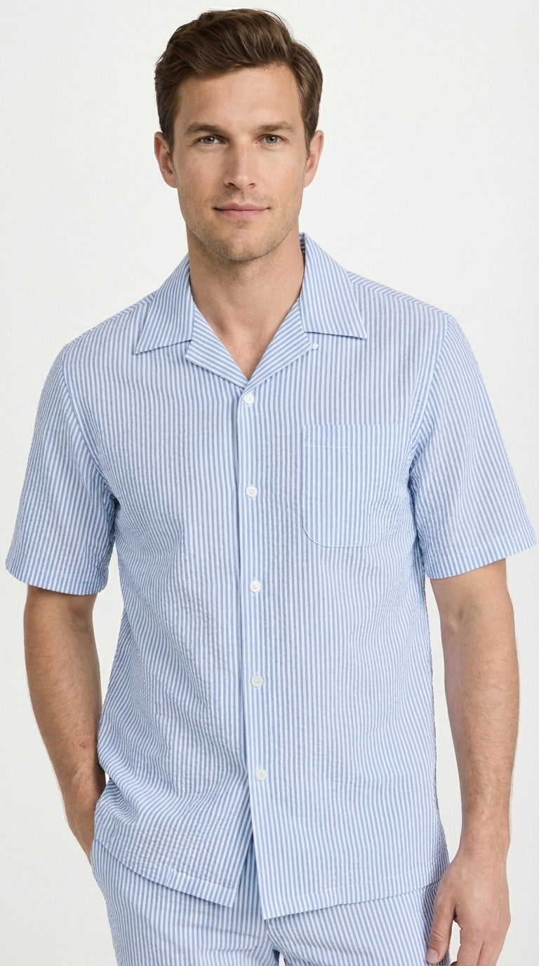 Mens Light Blue Seersucker Walking Suit Set – Casual Summer Short Sleeve Outfit with Matching Pants Lightweight Two Piece Set - S