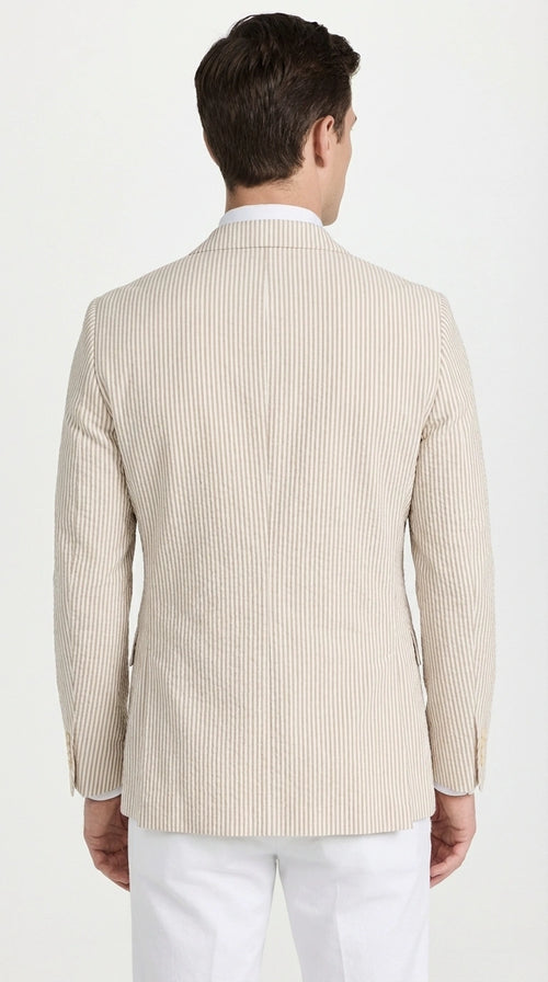 Mens Beige Seersucker Blazer – Lightweight Striped Summer Sport Coat Casual Smart Formal Jacket