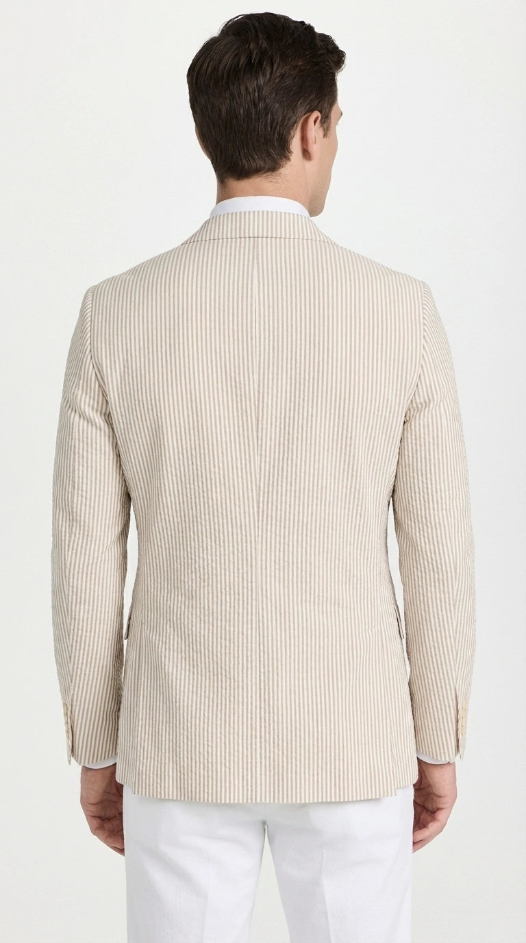 Mens Beige Seersucker Blazer – Lightweight Striped Summer Sport Coat Casual Smart Formal Jacket - 36 Short