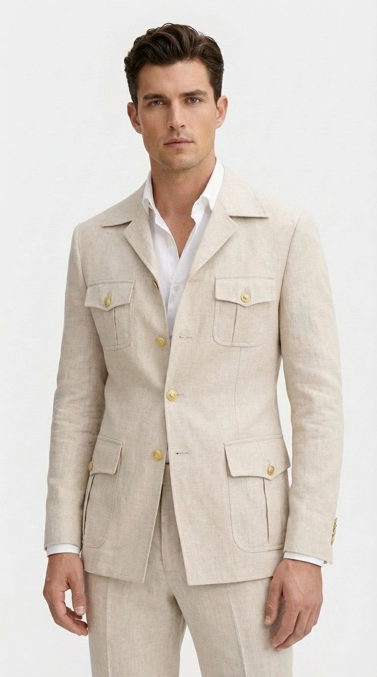 Mens Tan Beige Safari Military Walking Suit Set – Casual Two Piece Outfit Lightweight Summer Blazer and Pants Set Classic Casual Wear - 34 Short or Extra Small