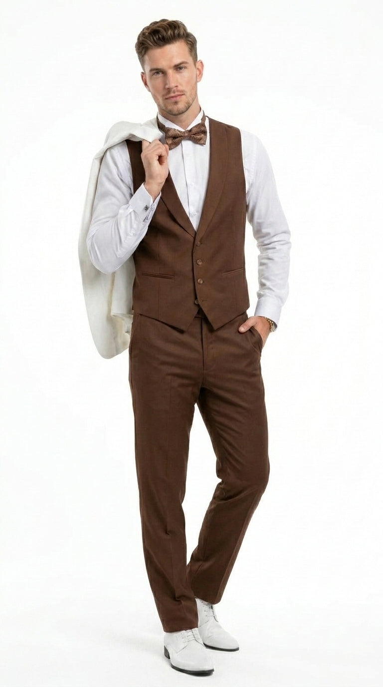 Men’s Ivory and Brown 3 Piece Suit – Elegant White Blazer with Brown Vest and Trousers for Wedding, Prom and Formal Events in off White Cream + Bowtie - 34 Short or Extra Small