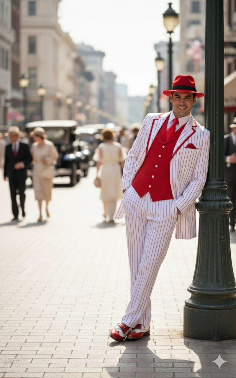 Mens 1920s White and Red Pinstripe Zoot Suit with Fedora Hat and Wingtip Shoes â€“ Vintage Gangster 3-Piece New Year Holiday Christmas Suit - 34 Short or Extra Small