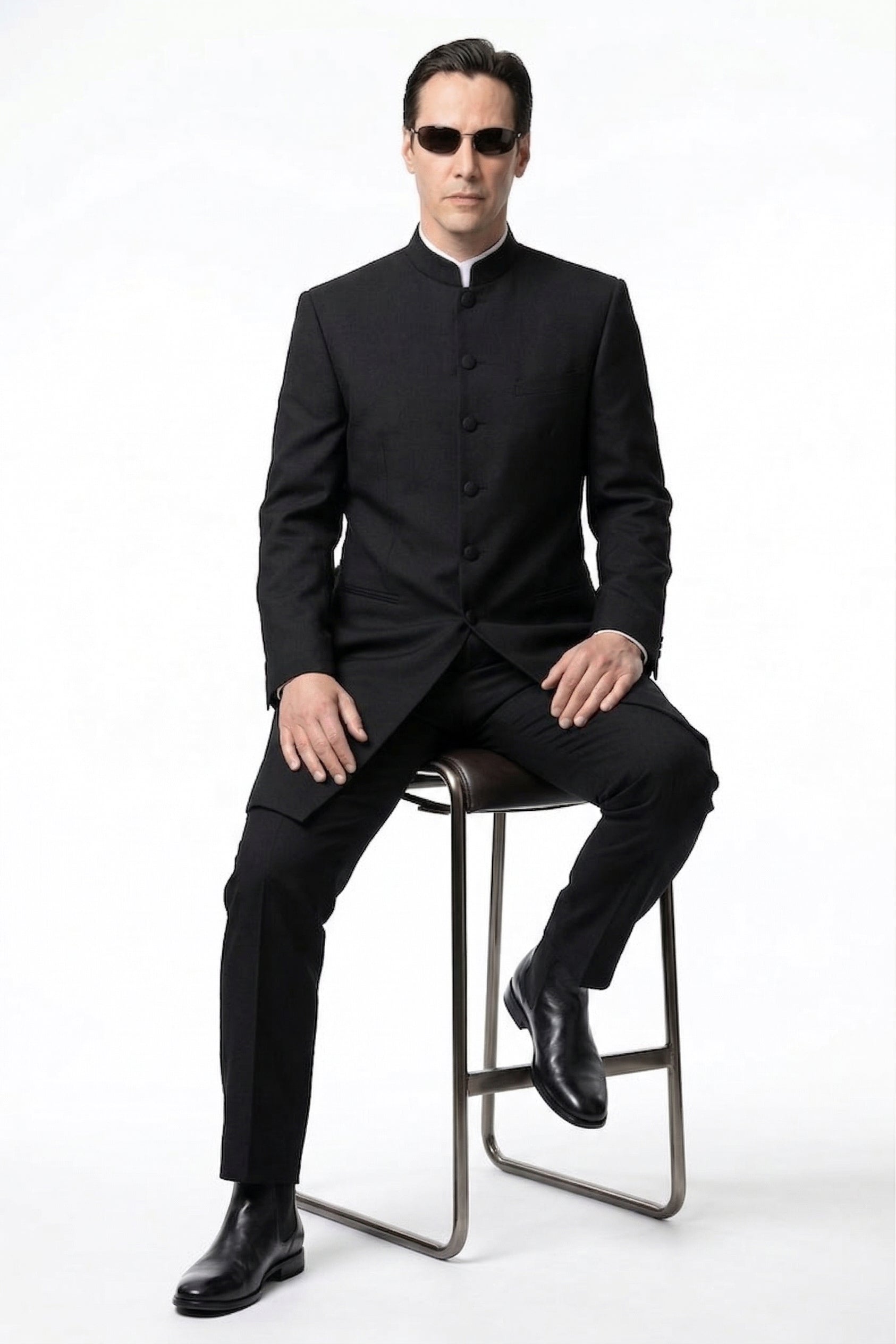 Men’s Black Coat Matrix Keanu Reeves Inspired Long Coat – Classic Mandarin Collar Formal Overcoat, Stylish Winter Trench Coat, Neo Style Jacket - Coat Size 38