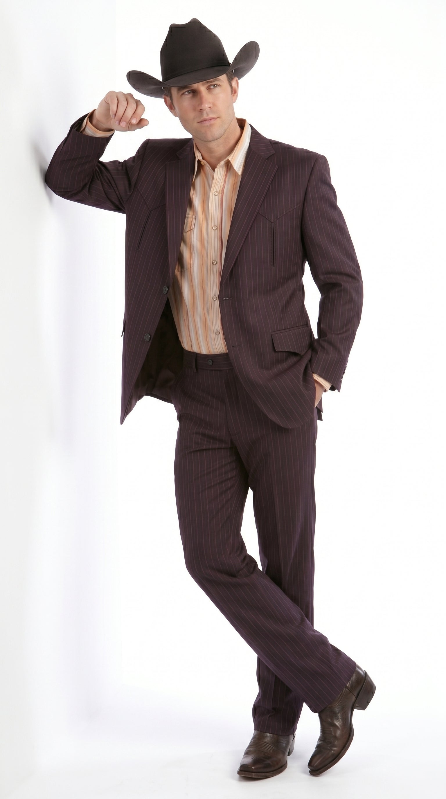 Men’s Brownish Black Pinstripe Western Suit, Cowboy Formal Wedding Ranch Dress Suit Set Slim Fitted