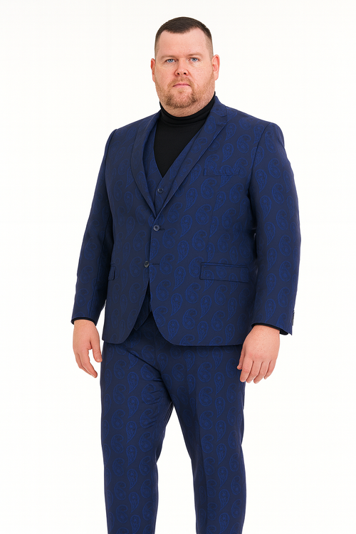 Mens Sapphire Blue Paisley 3-Piece Suit Slim Fit Designer Tuxedo Set for Weddings and Formal Events in Cobalt Blue Color