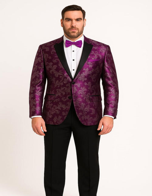 Men's Pinkish ~ Purple Paisley Tuxedo Jacket with Black Satin Lapel Formal Prom and Wedding Blazer in Meganta Color