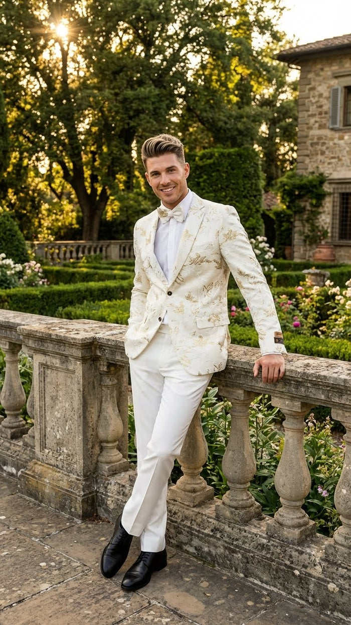 Mens White and Gold Patterned Blazer Paisley Floral Pattern Prom Wedding Suit Tuxedo Dinner Jacket + Bowtie