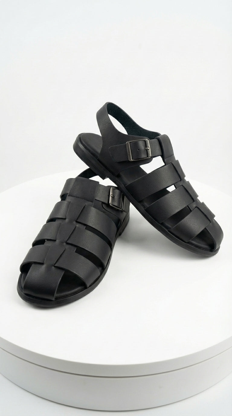 Mens Black Leather Sandals – Buckle Strap Casual Summer Shoes Breathable Open Toe Comfort Footwear - 39 (6-6.5 US)