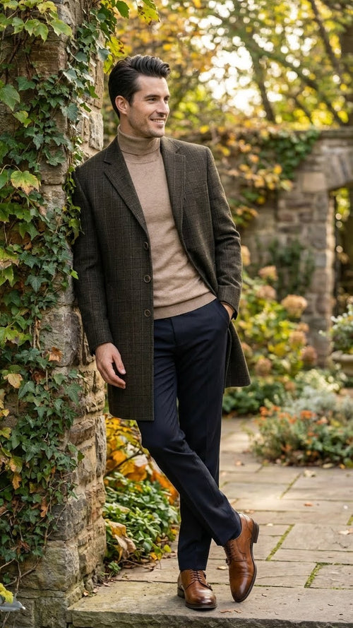 Mens Brown Checkered Wool Overcoat Long Winter Coat with Classic Plaid Pattern By Statement
