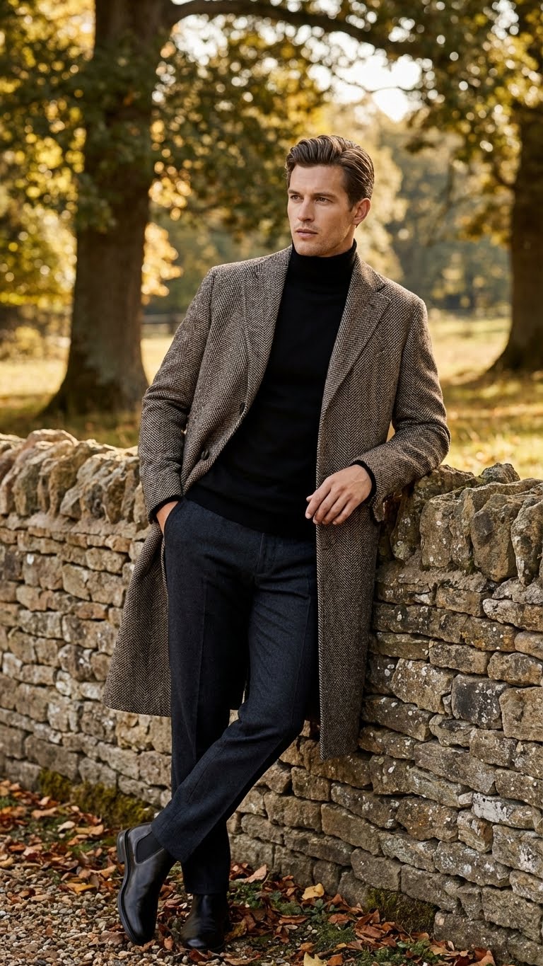 Men’s Black & Grey  Herringbone Tweed Wool Blend Overcoat – Classic Single-Breasted Winter Blazer Carcoat - Coat Size 38