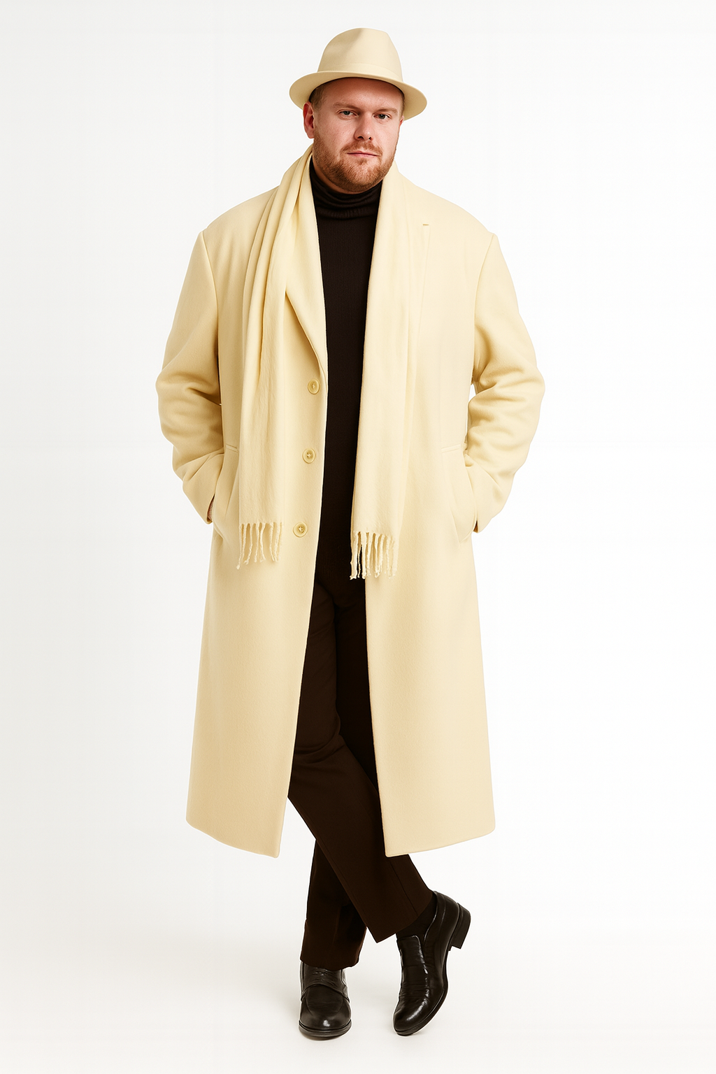 Men’s Long Cream Overcoat Wool Fabric in Ivory Off White Color Full length - Coat Size 38