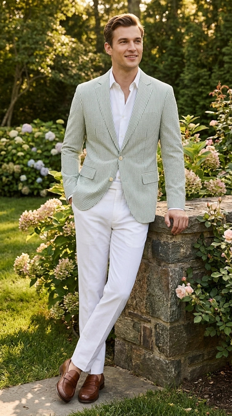 Mens Sage Green Seersucker Blazer – Lightweight Striped Summer Sport Coat Casual Smart Formal Jacket - 36 Short