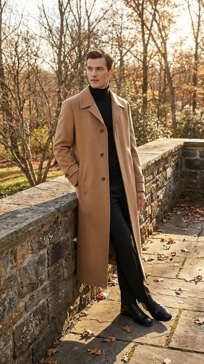 Mens Full-Length Camel Overcoat Classic Long Microfiber-Blend Coat for Winter and Formal Wear Maxi Duster Coat