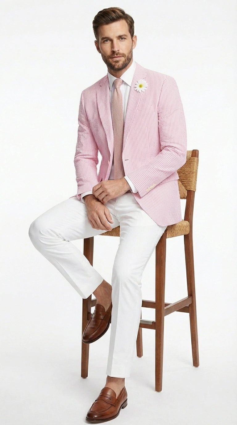 Mens Pink Seersucker Blazer – Lightweight Striped Summer Sport Coat Casual Smart Formal Jacket - 36 Short