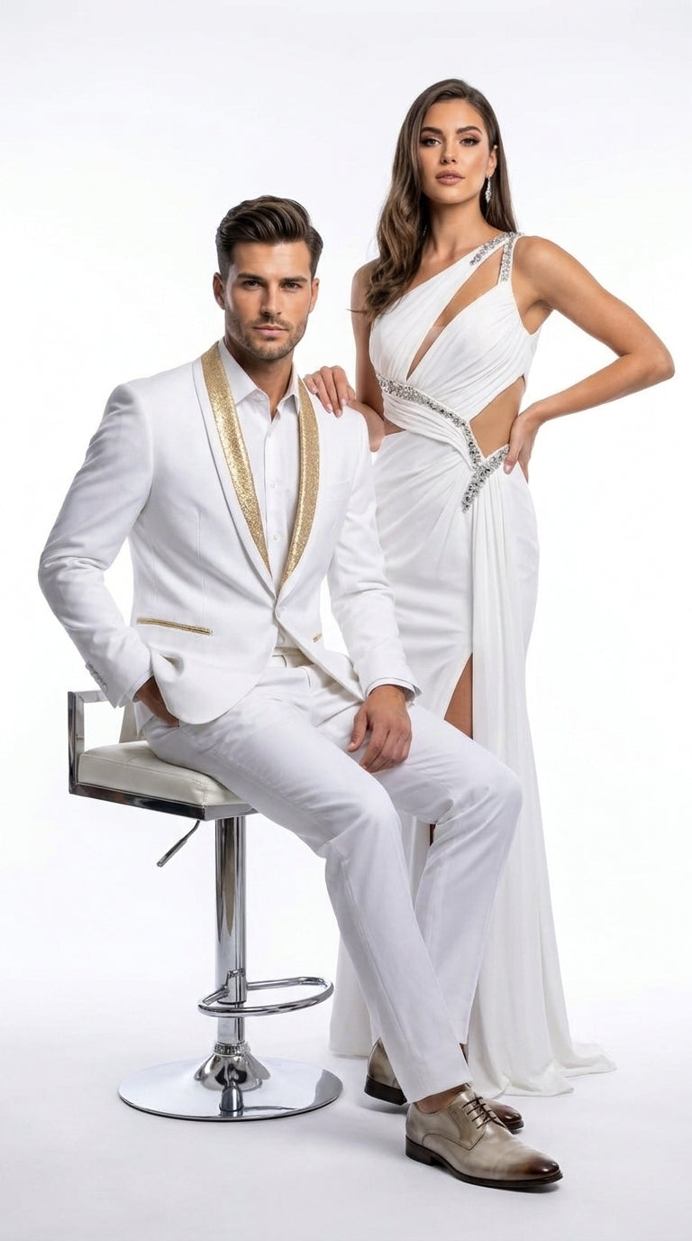 Men’s White and Gold Lapel 2-Piece Tuxedo Suit with Gold Glitter Shawl Lapel – Wedding, Prom and Dinner Jacket - 34 Short or Extra Small