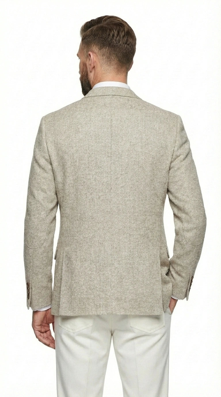 Men’s Light Tan Tweed Blazer – Classic Herringbone Sport Coat, Beige Casual Formal Jacket, Vintage Style Business & Smart Casual Wear - 36 Short