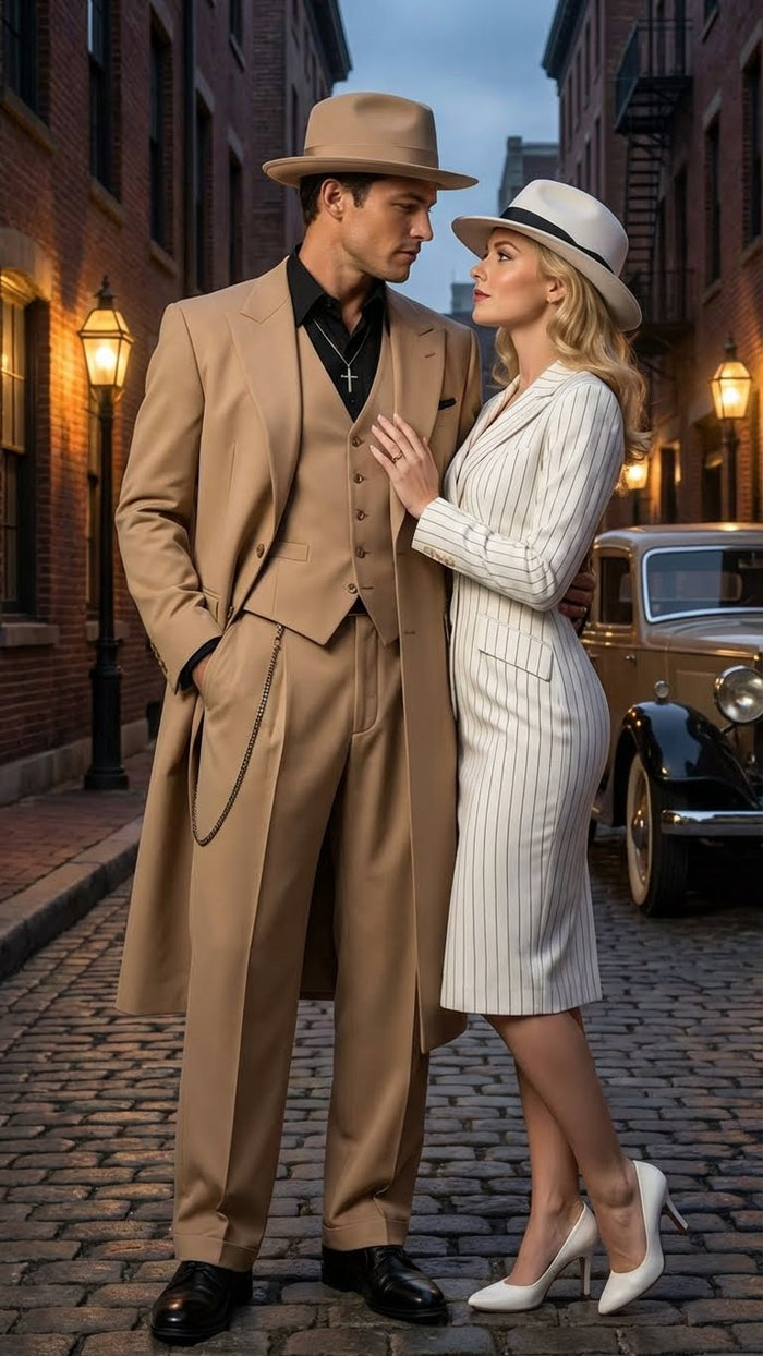 Mens 1920s Beige Zoot Suit Long Mafia Gangster Three-Piece Suit in Tan Khaki Color 40 inch Zuit Pachuco Suit