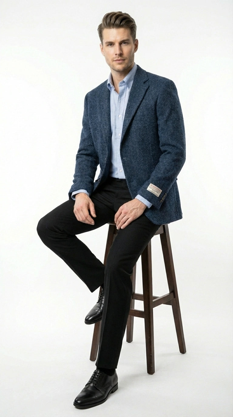 Mens Light Blue Tweed Blazer Sport Coat – Classic Herringbone Jacket Formal Business Casual Smart Outerwear in indigo cobalt blue - 36 Short