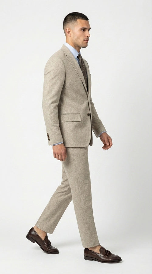 Men’s Light Tan Tweed Suit – Classic Beige Two Piece Suit, Herringbone Formal Wear, Vintage Style Business & Wedding Outfit for Men