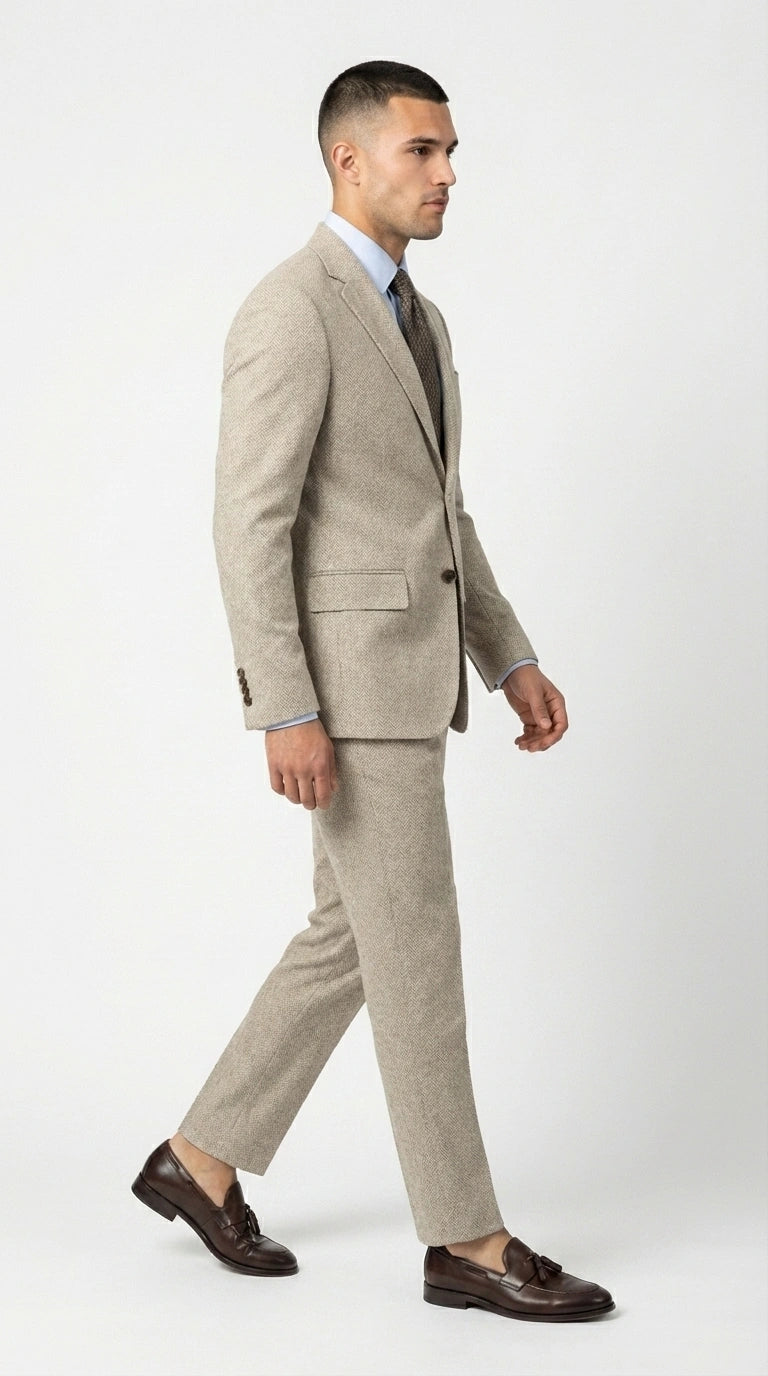 Men’s Light Tan Tweed Suit – Classic Beige Two Piece Suit, Herringbone Formal Wear, Vintage Style Business & Wedding Outfit for Men - 34 Short or Extra Small