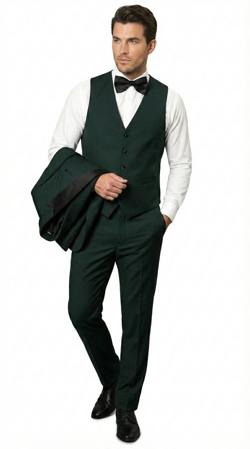 Men’s Hunter Green Tuxedo Suit 3 Piece – One Button Peak Lapel Designer Formal Suit for Wedding,  Light Weight Wool By Statement Dark Green