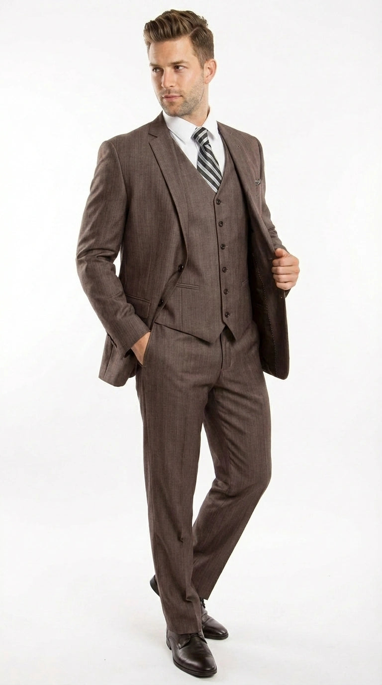 Men’s Brown Sharkskin 3 Piece Suit – Textured Two Button Vested Business Formal Suit for Wedding, Party Wear Vested - 34 Short or Extra Small