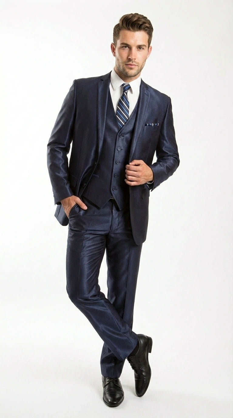 Men’s Navy Blue Sharkskin 3 Piece Suit – Two Button Vested Shiny Formal Suit for Wedding, Prom, Business and Party Wear - 34 Short or Extra Small