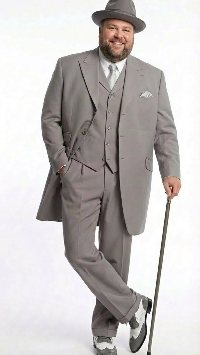 Mens Gray Zoot Suit with Matching Hat and 1920s Shoes | Grey Vintage Wedding and Party Three Piece Suit