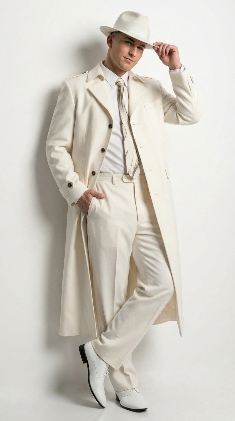 Men’s Ivory Cream Off White  Full Length Zoot Suit – Vintage Gangster Style Long Coat Formal Suit - Coat Size 38