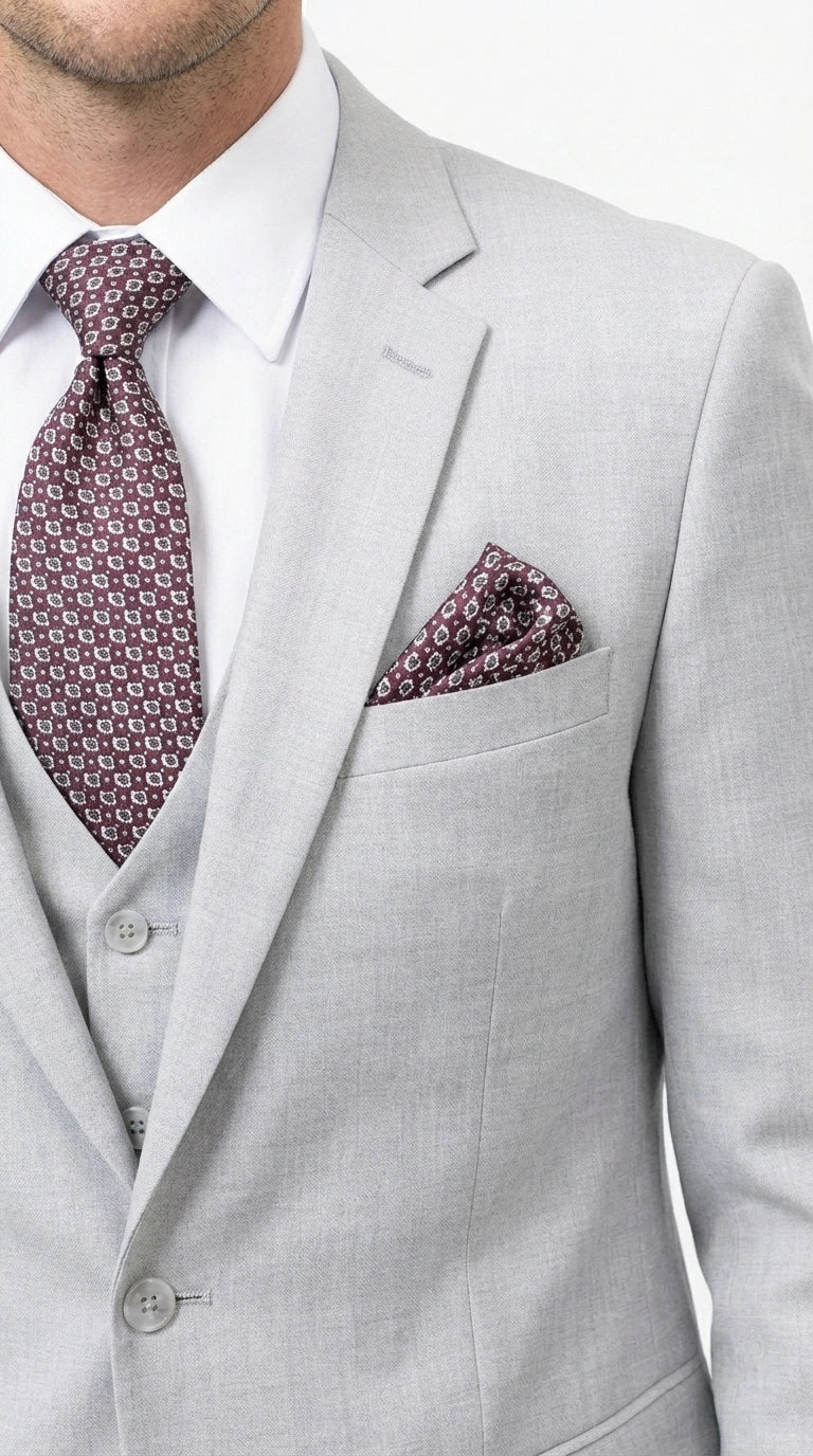 Men’s Light Grey Sharkskin 3 Piece Suit – Two Button Vested Modern Formal Business Suit for Wedding in silver Ice Gray - 34 Short or Extra Small