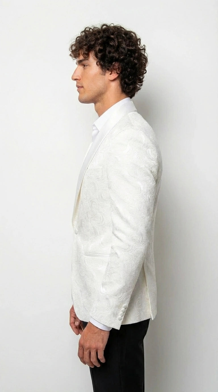 Men’s White Paisley Disco Blazer 1980s Style Jacket – Shawl Lapel Formal Party Blazer, Elegant Masquerade Club Wear, Stylish Evening Outfit - 36 Short
