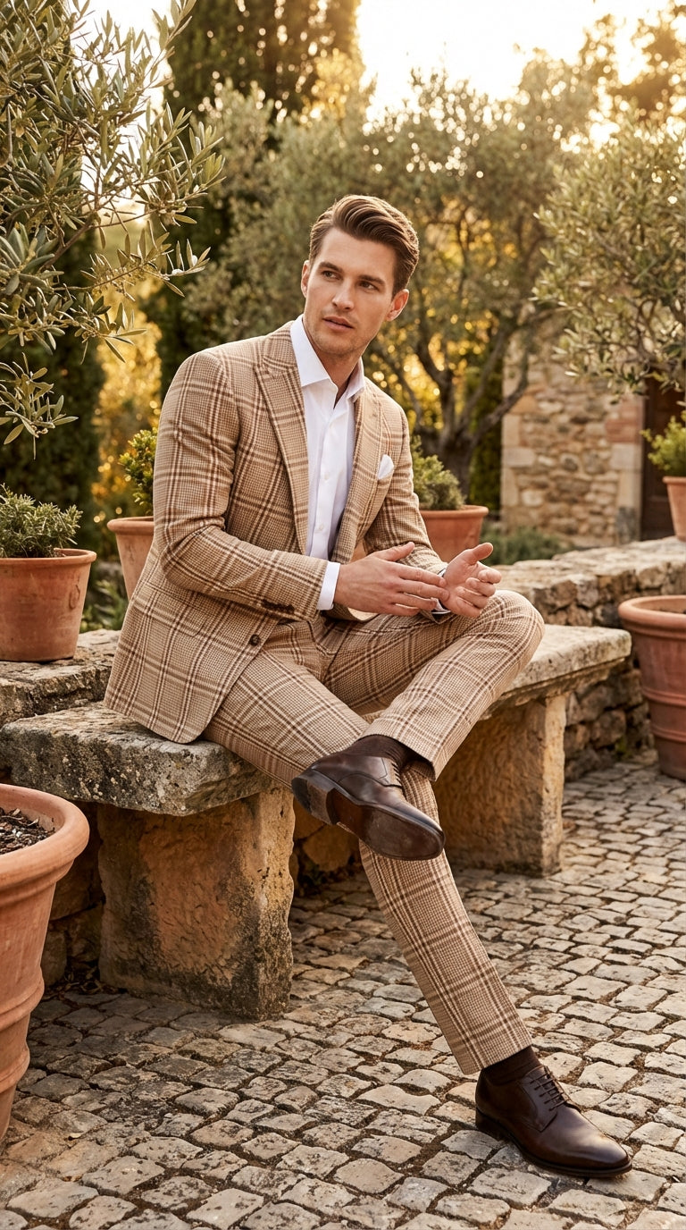 Beige Tan Plaid windowpane Two Piece Suit for Men | Classic Checkered Formal Suit with Jacket and Pants by Rossiman - 34 Short or Extra Small