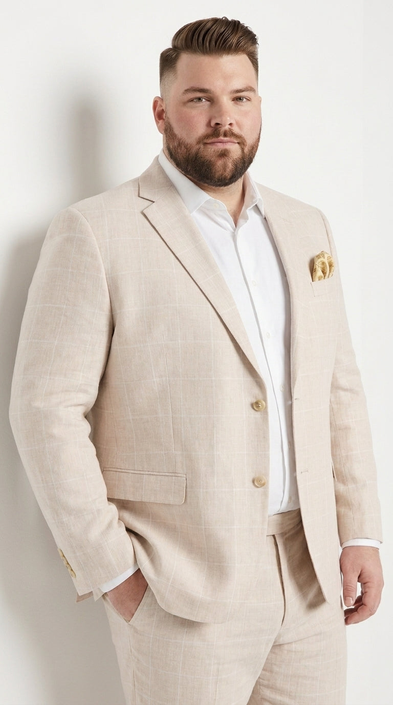 Men’s Big and Tall Beige Linen Suit – Summer Wedding and Formal 2-Piece Suit - 34 Short or Extra Small